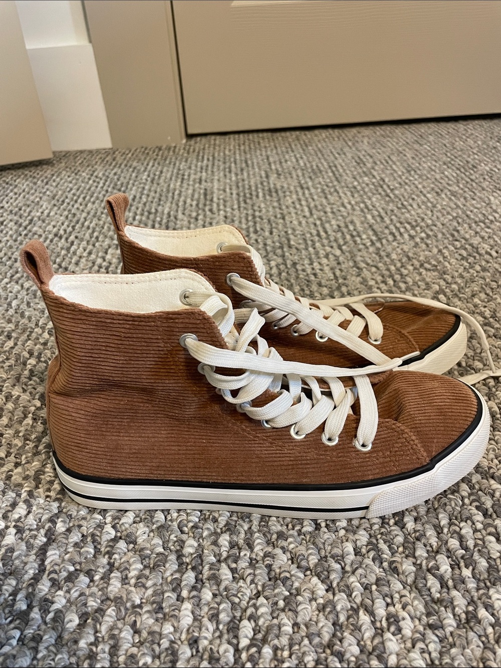 Corduroy High-Top Sneakers in Chestnut with White Accents